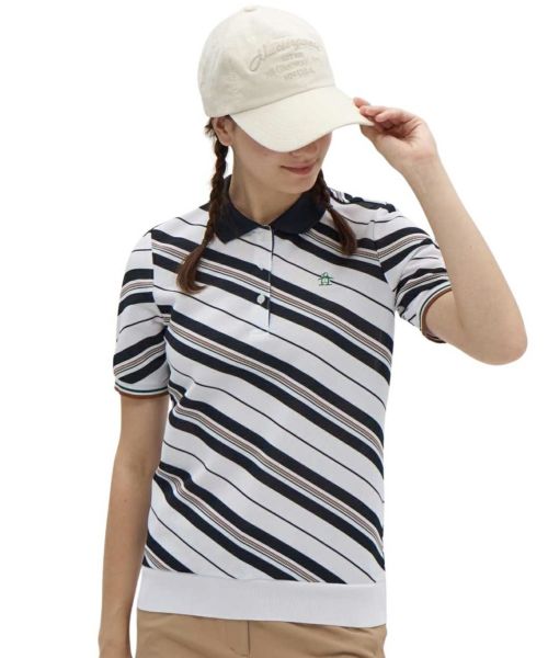 MUNSINGWEAR オリーブと白のボーダーポロシャツ Mサイズ　レディース MUNSINGWEAR オリーブと白のボーダーポロシャツ Mサイズ
