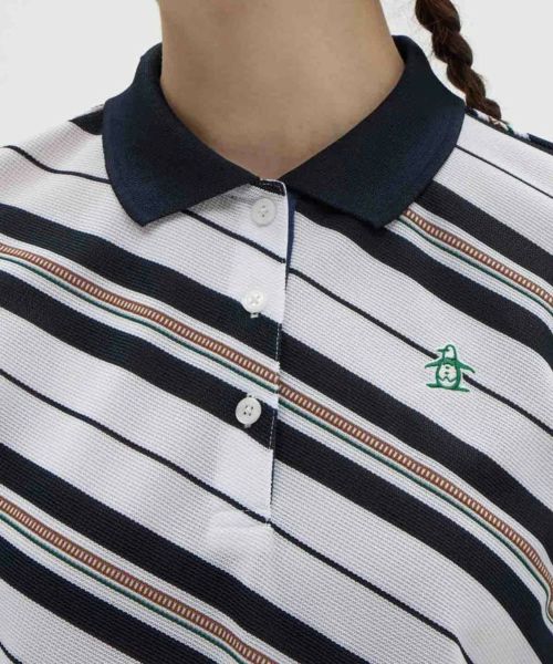 MUNSINGWEAR オリーブと白のボーダーポロシャツ Mサイズ