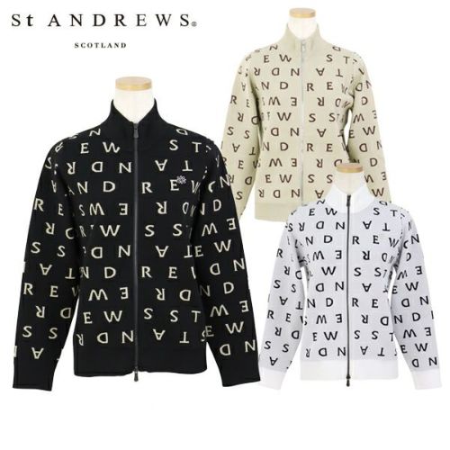 サイズ：L ST ANDREWS セントアンドリュース  長袖 ニットジャケット ロゴ柄 ホワイト系 [240101490488] ゴルフウェア レディース ストスト サイズ：L ST ANDREWS セントアンドリュース 長袖 ニット ジップ