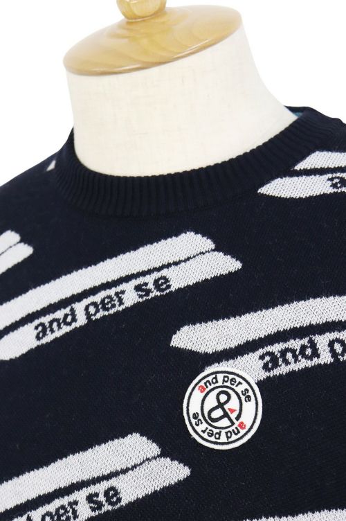 アンパスィ　ニット　メンズゴルフウェア　 ホワイト／ネイビー　サイズM 袖裏付き and per se（アンパスィ） ゴルフウェア メンズ ニットセーター